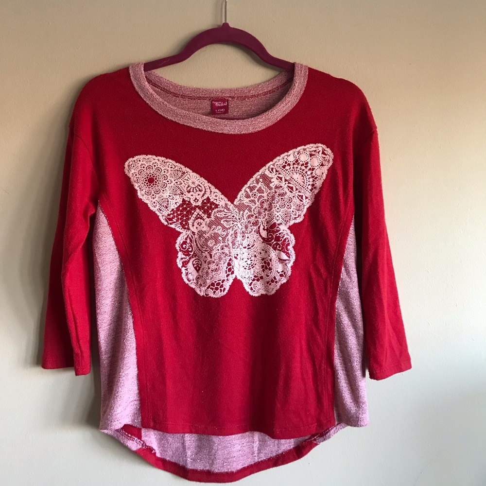 Red Long Sleeve Top with Print 🦋 Butterfly L (14)